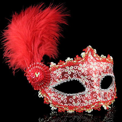 仕彩 万圣节皮革侧边长羽毛侧花面具舞会派对聚会威尼斯公主面具