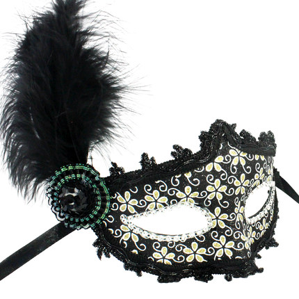 仕彩 万圣节皮革侧边长羽毛侧花面具舞会派对聚会威尼斯公主面具