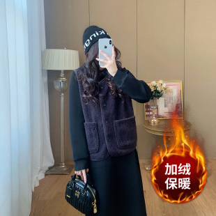 秋冬新款加厚加绒时尚套装女灰色马甲卫衣裙两件套大码女装显瘦