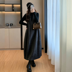 2026秋冬新款羊毛呢两件套背心裙长款花苞裙收腰大码女装连衣裙