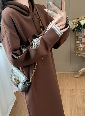 202秋冬新休闲洋气宽松胖mm遮肉显瘦拼接设计感加厚大码卫衣裙女