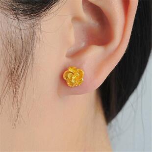 黄金色花朵耳钉轻奢礼品时尚沙金耳饰品高端结婚3D耳针新娘养耳棒