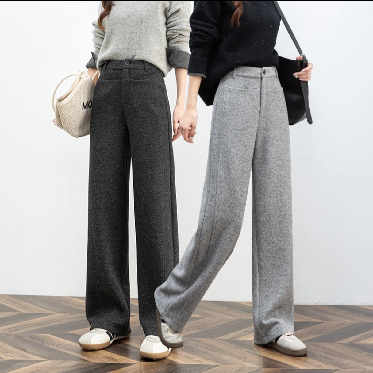 12621【冬款加厚2025高腰烟灰黑直筒裤显瘦垂感羊毛休闲裤女保暖