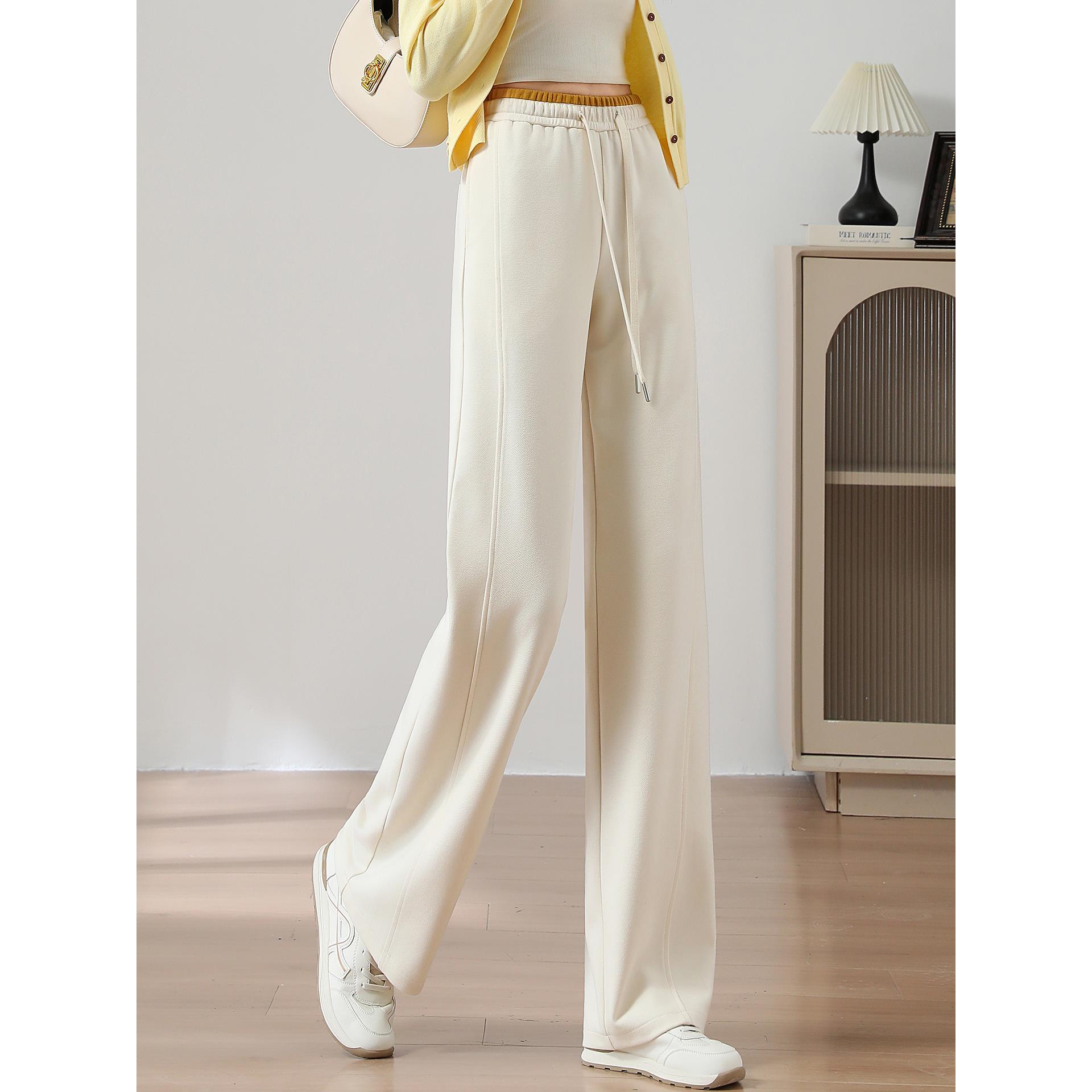 米白色直筒休闲裤女秋季2025新弹力松紧腰窄版阔腿裤九分裤小个子