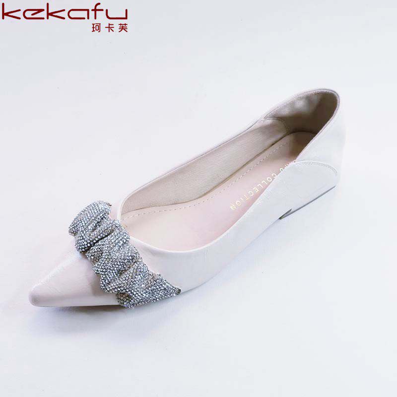 珂卡芙春夏新款小香风尖头粗跟浅口单鞋女一脚蹬带水钻低跟鞋子