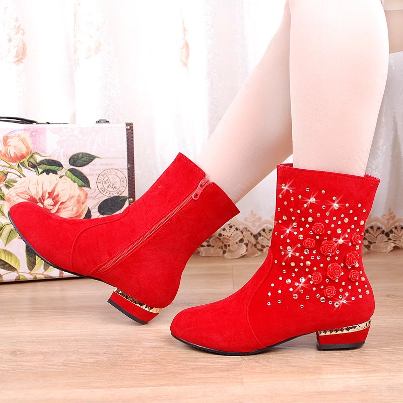 冬季加绒棉靴结婚鞋红色新娘鞋平底低跟孕妇大码短靴女靴子马丁靴