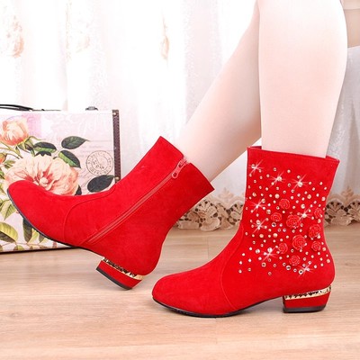 冬季加绒棉靴结婚鞋红色新娘鞋平底低跟孕妇大码短靴女靴子马丁靴