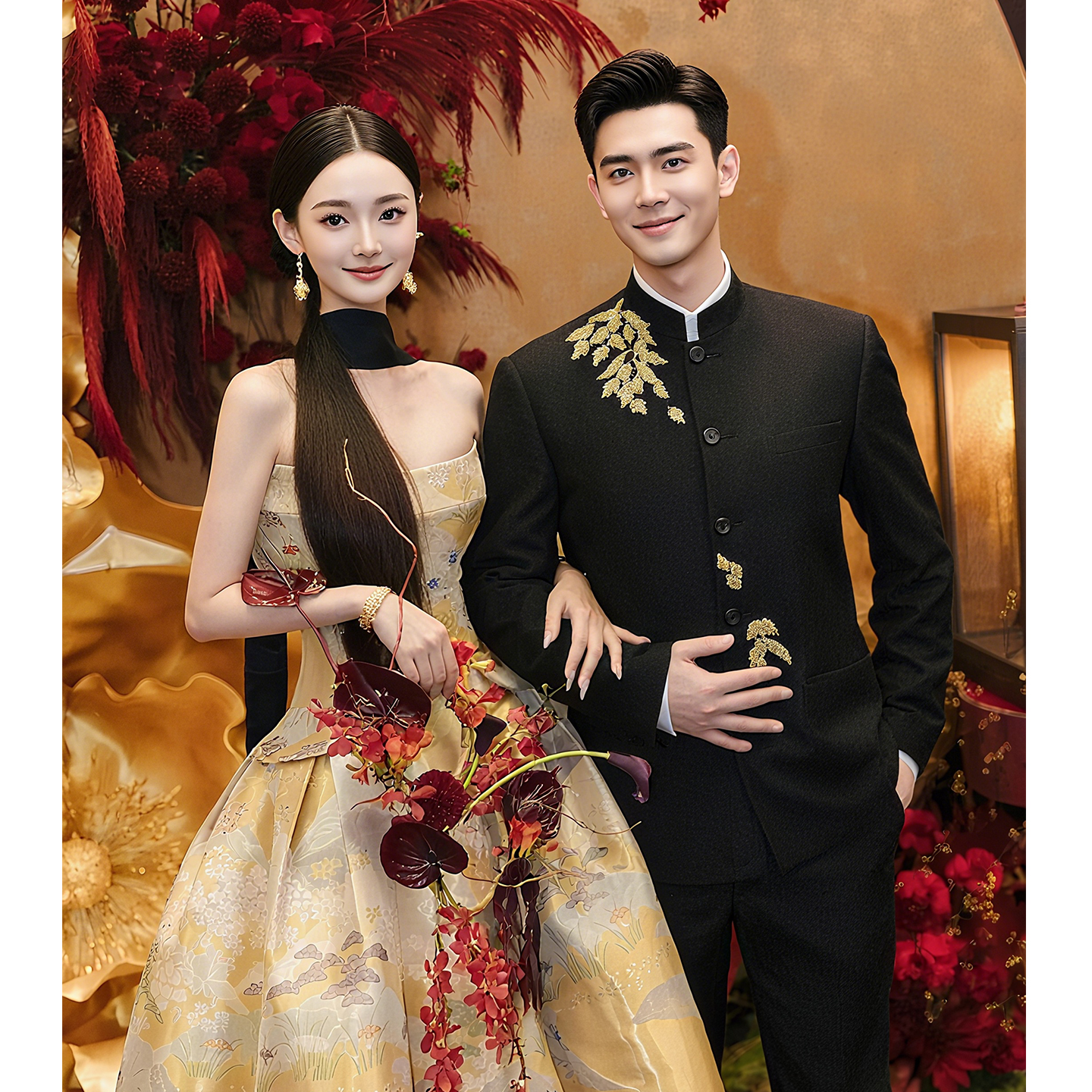 欢喜橙/中山装男婚礼新中式订婚男装衣服新郎男士秀禾服西服套装