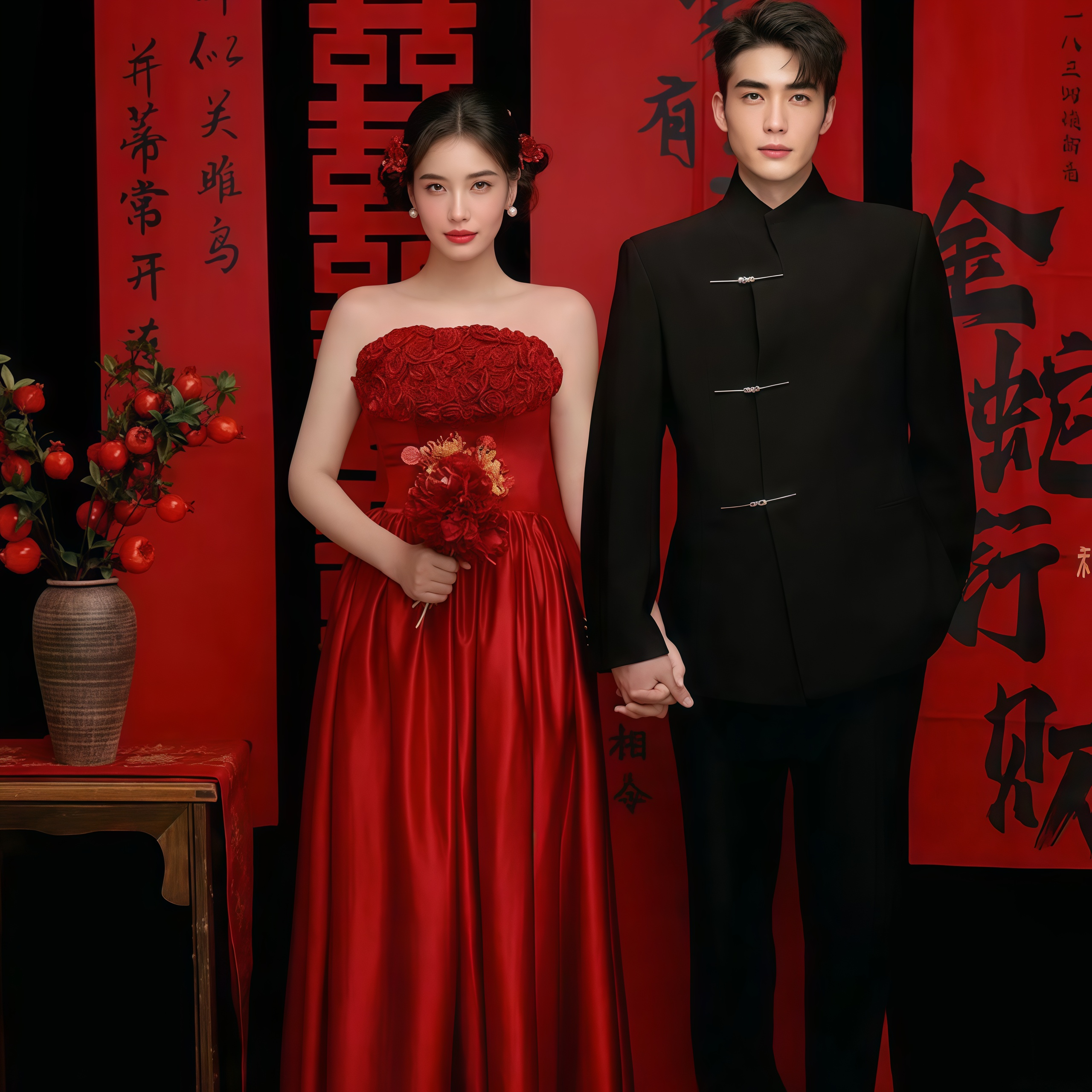 欢喜橙 中式国风黑色立领轻奢高档男士订婚礼服新郎结婚西装套装