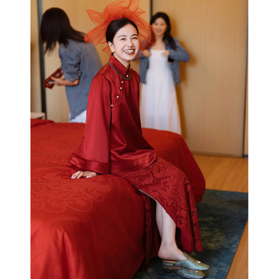 新中式酒红色套装敬酒服国风新娘结婚旗袍婚服订婚回门优雅礼服裙