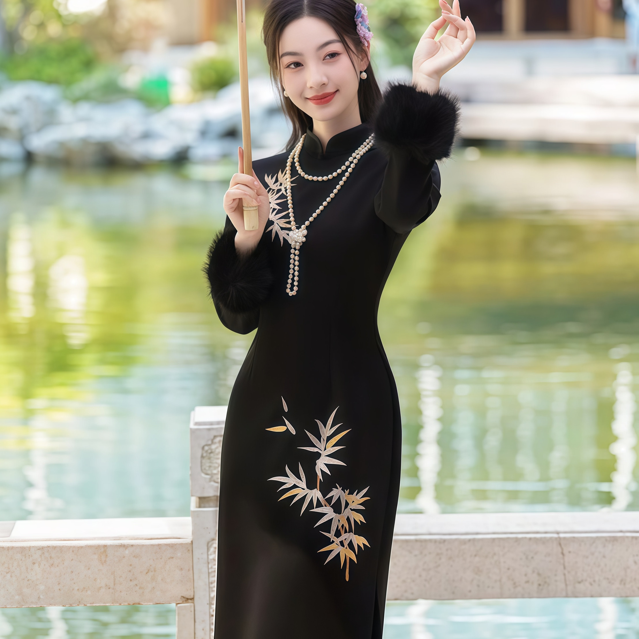 欢喜橙改良旗袍冬季大码微胖绝美气质刺绣新中式连衣裙毛毛袖子