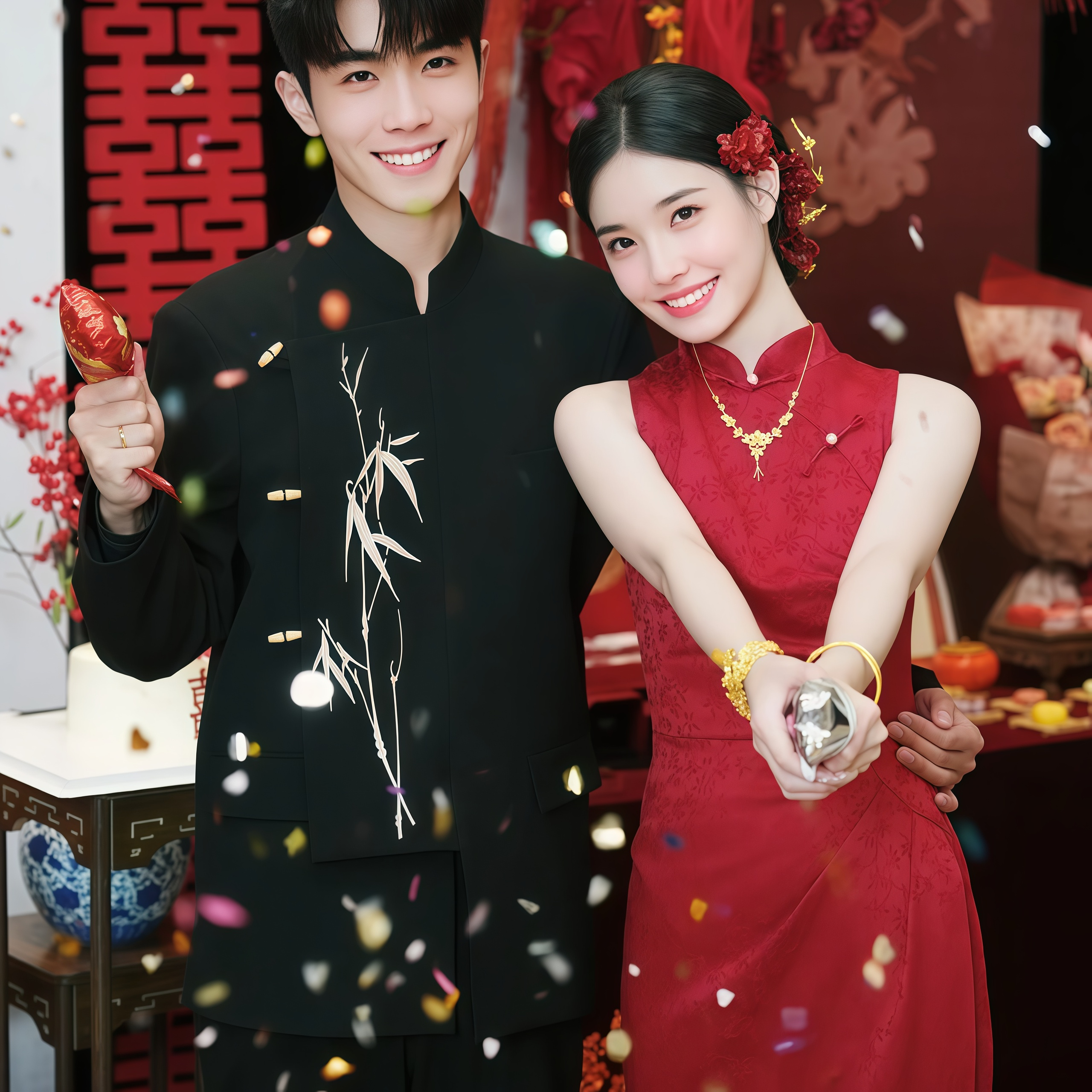 欢喜橙 新中式立领西装套装男金色竹叶刺绣新郎结婚礼服国风西服