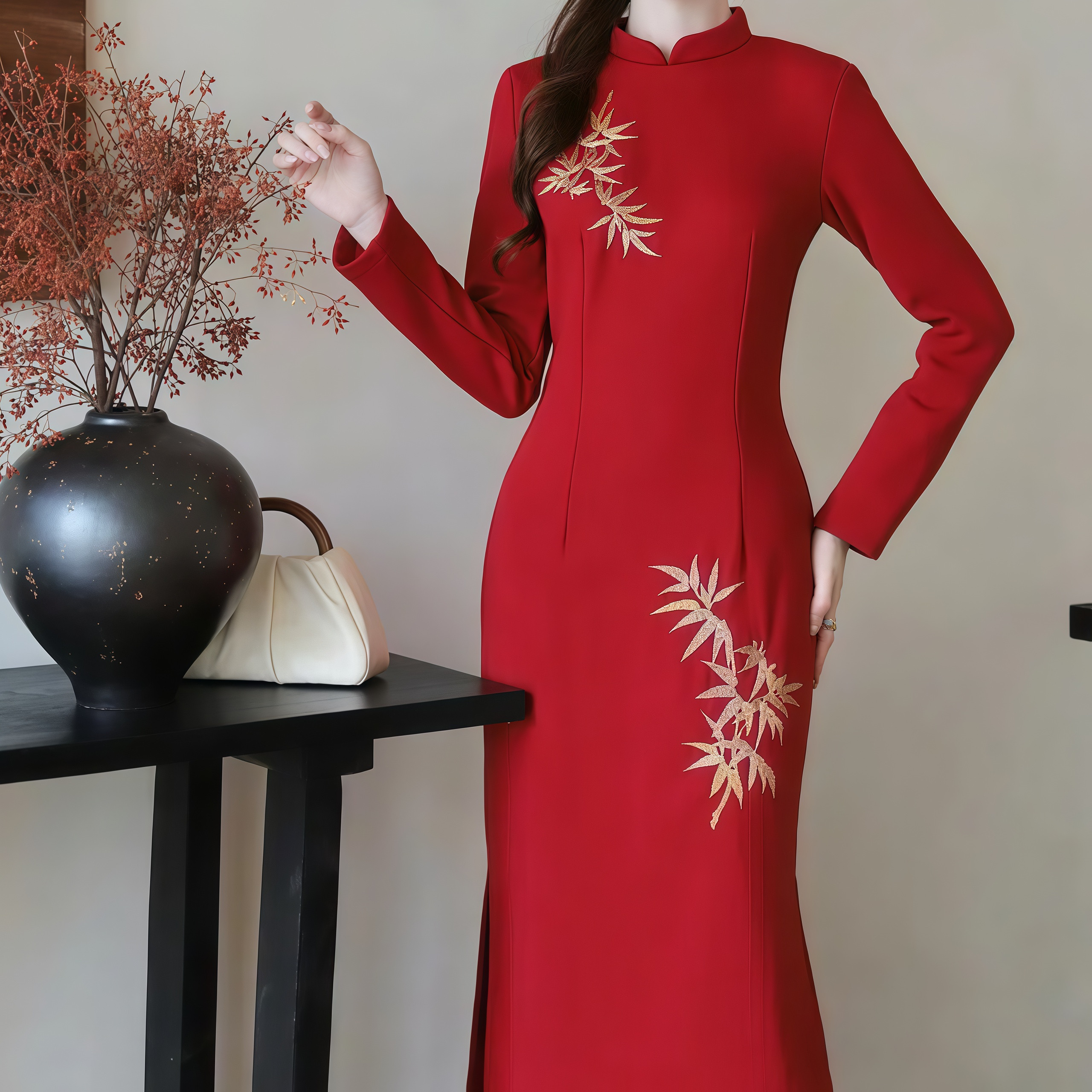 欢喜橙 新款新中式国风刺绣高级感订婚敬酒旗袍晨袍长袖大码长裙