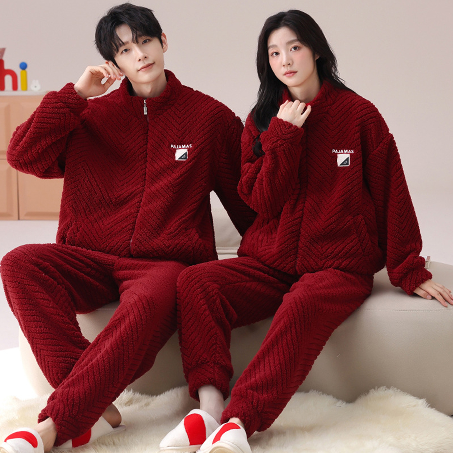 欢喜橙/加绒加厚睡衣女款情侣冬季珊瑚绒红色新婚家居服男士套装