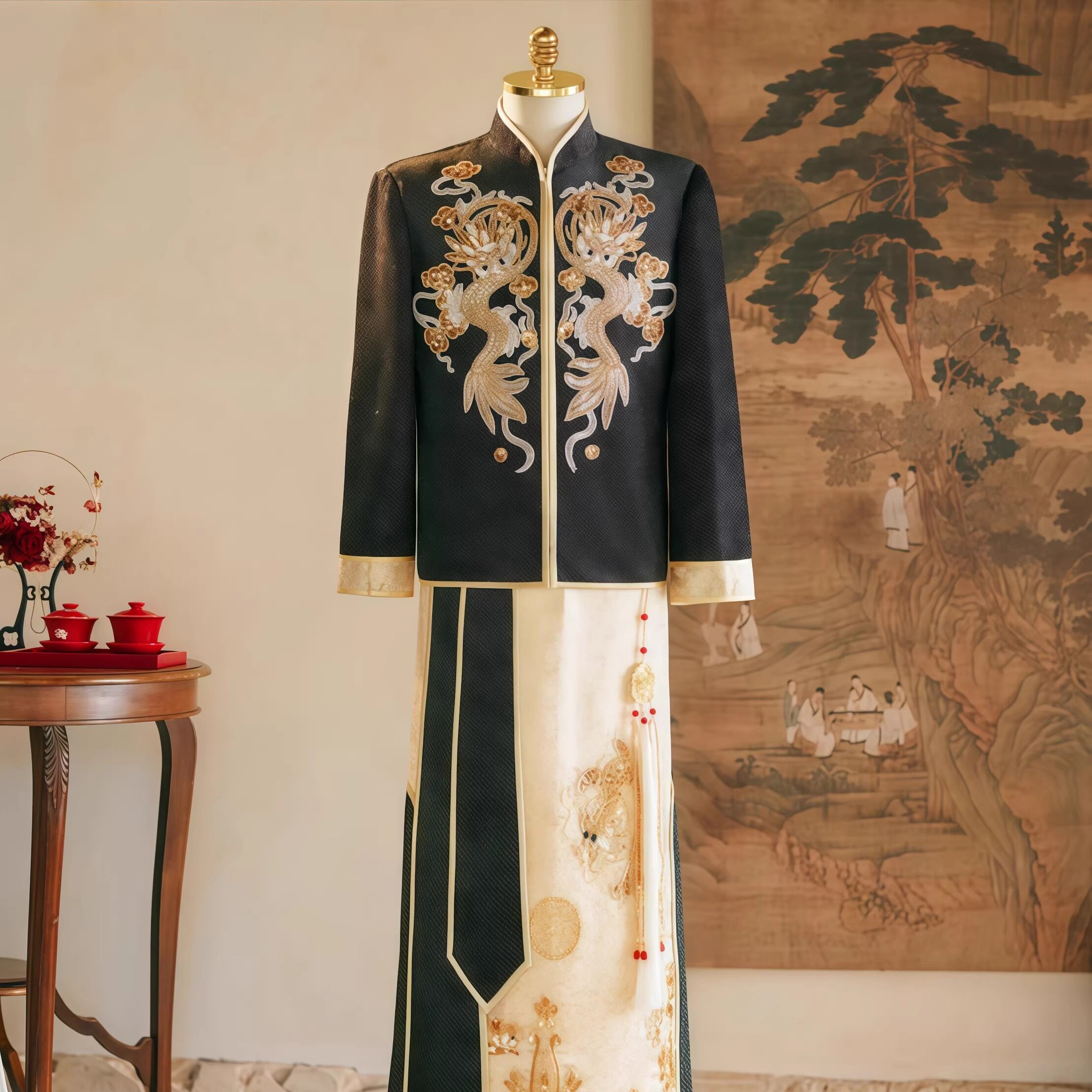 欢喜橙 黑金唐装男士秀禾服新郎敬酒服结婚中式礼服男接亲龙凤褂