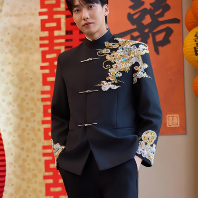 欢喜橙【千钧】新中式龙纹刺绣中山装男士结婚高端西服套装礼服