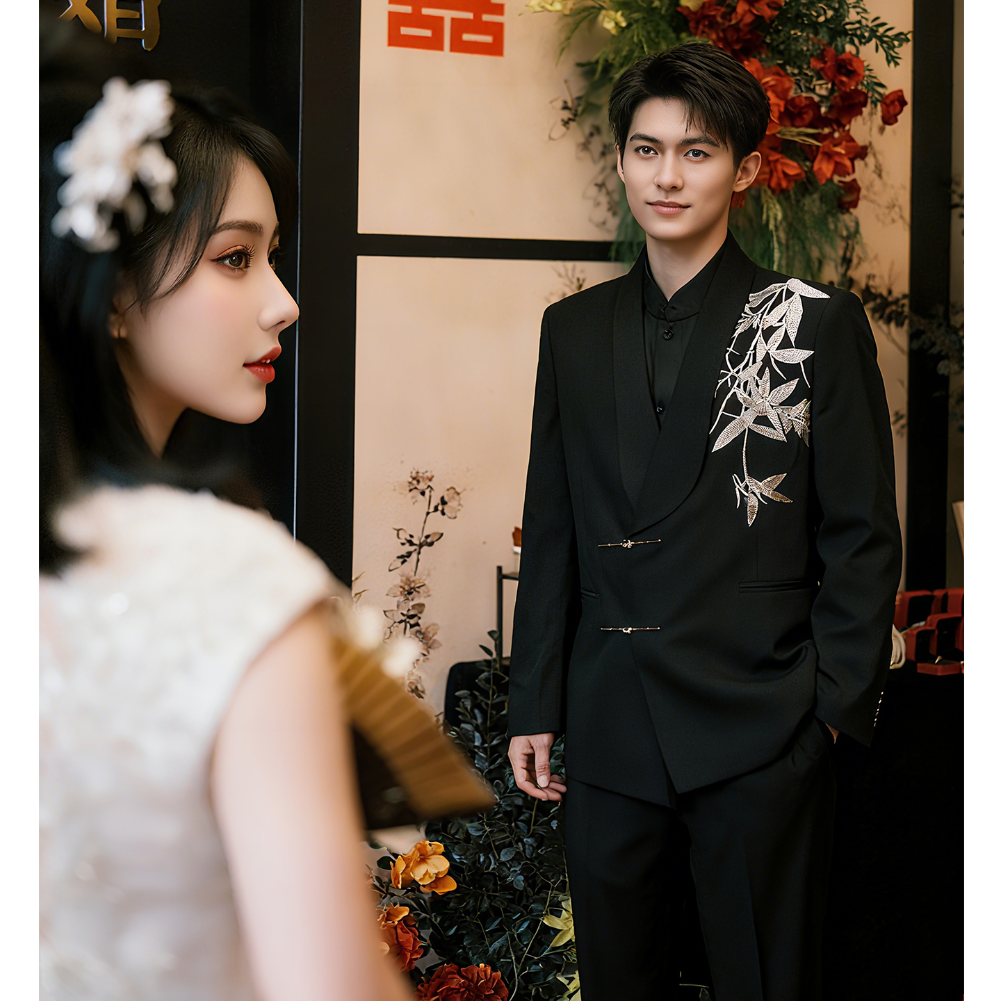 欢喜橙/男士订婚西装高级感青果领西服新中式国风礼服V领结婚套装