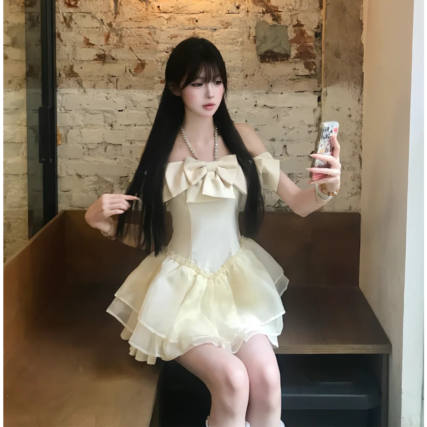 欢喜橙/法式抹胸连衣裙女生日party小礼裙蝴蝶结公主蓬蓬裙短裙女