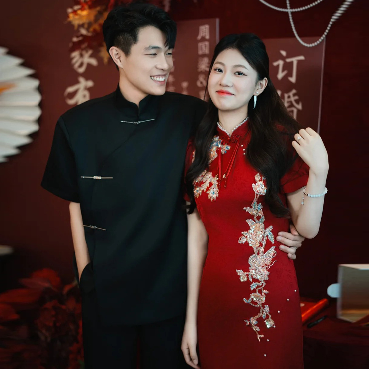 欢喜橙【夜刃】夏季新中式结婚订婚宽松上衣立领短袖衬衫男黑色