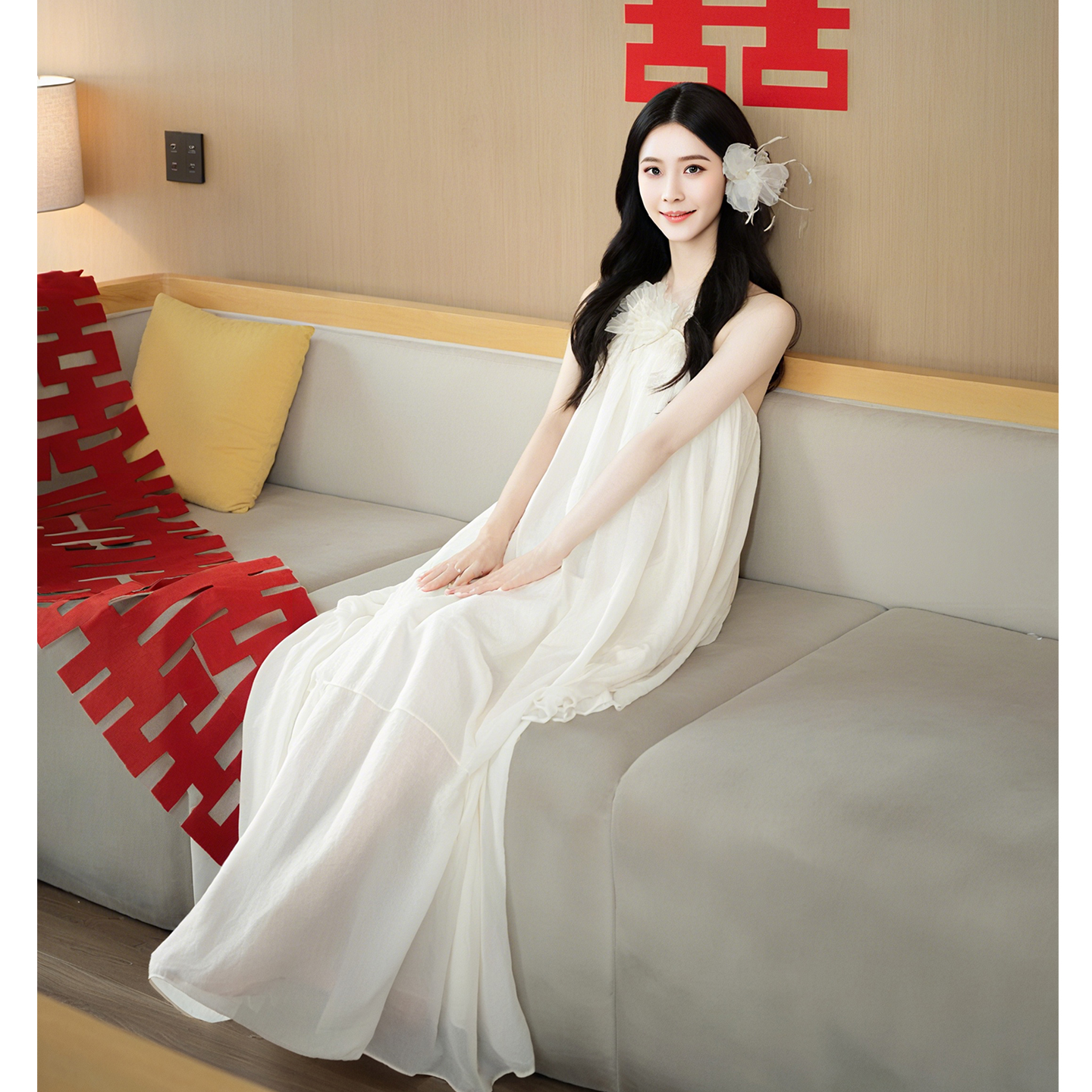 欢喜橙/晨袍女轻奢新娘高级感小众出门轻婚纱白色领证登记小礼服