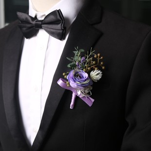 恋心 欢喜橙 紫蓝色仿真花新郎新娘婚礼配花高档胸针襟花胸花