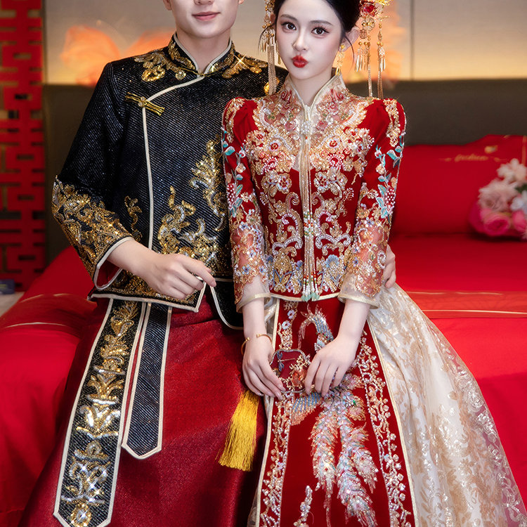 欢喜橙唐装男款2025新款秀禾服新郎结婚新中式套装龙凤褂男接亲服