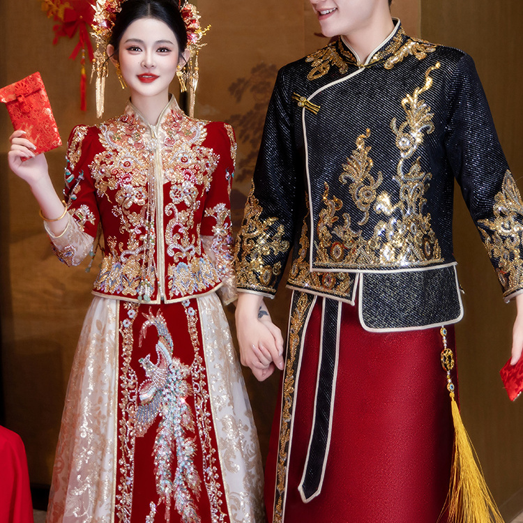 欢喜橙大码男士秀禾服新郎男款220斤黑色新中式龙凤褂敬酒服唐装