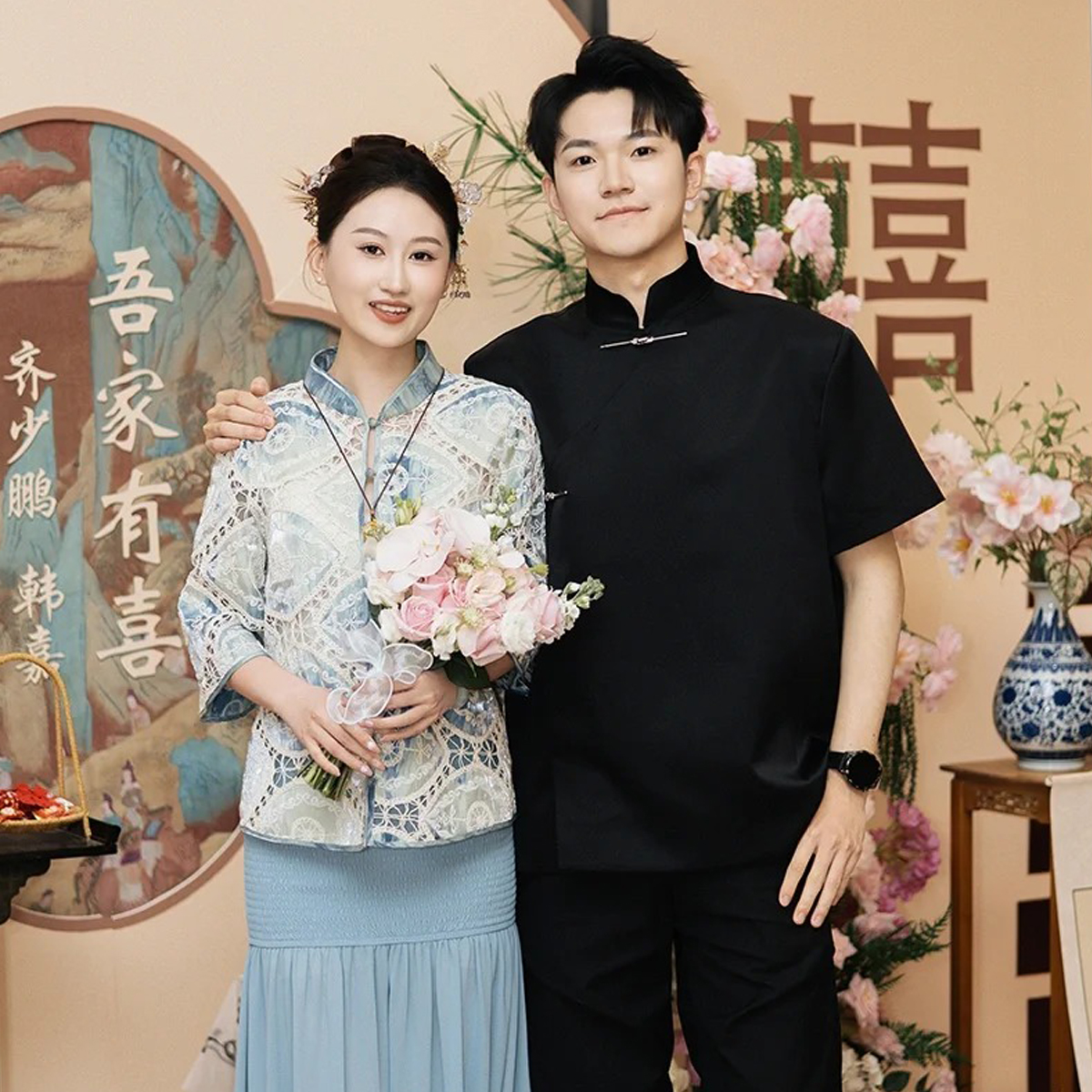 欢喜橙【墨逸】新中式国风高级感立领短袖衬衫男夏季结婚订婚衬衣
