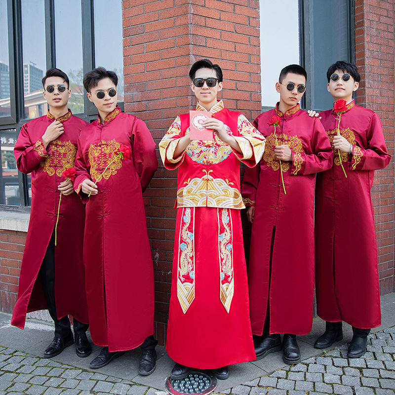欢喜橙男士中国风复古中式伴郎服