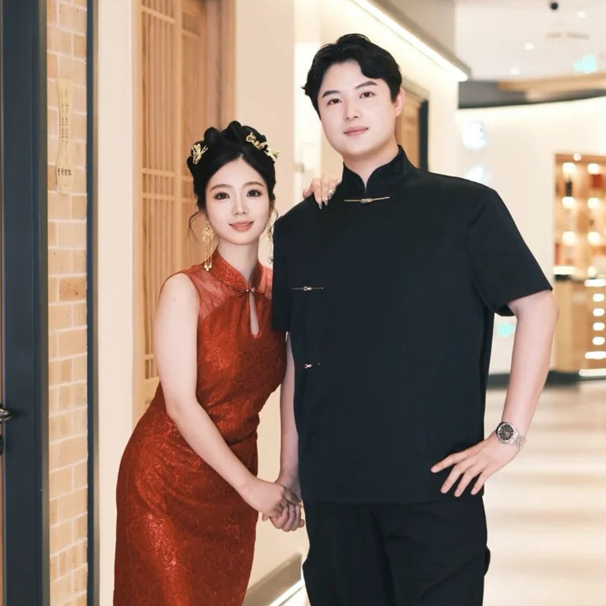 欢喜橙【玄墨】订婚男装痞帅立领衬衫短袖夏季登记领证西装衬衣