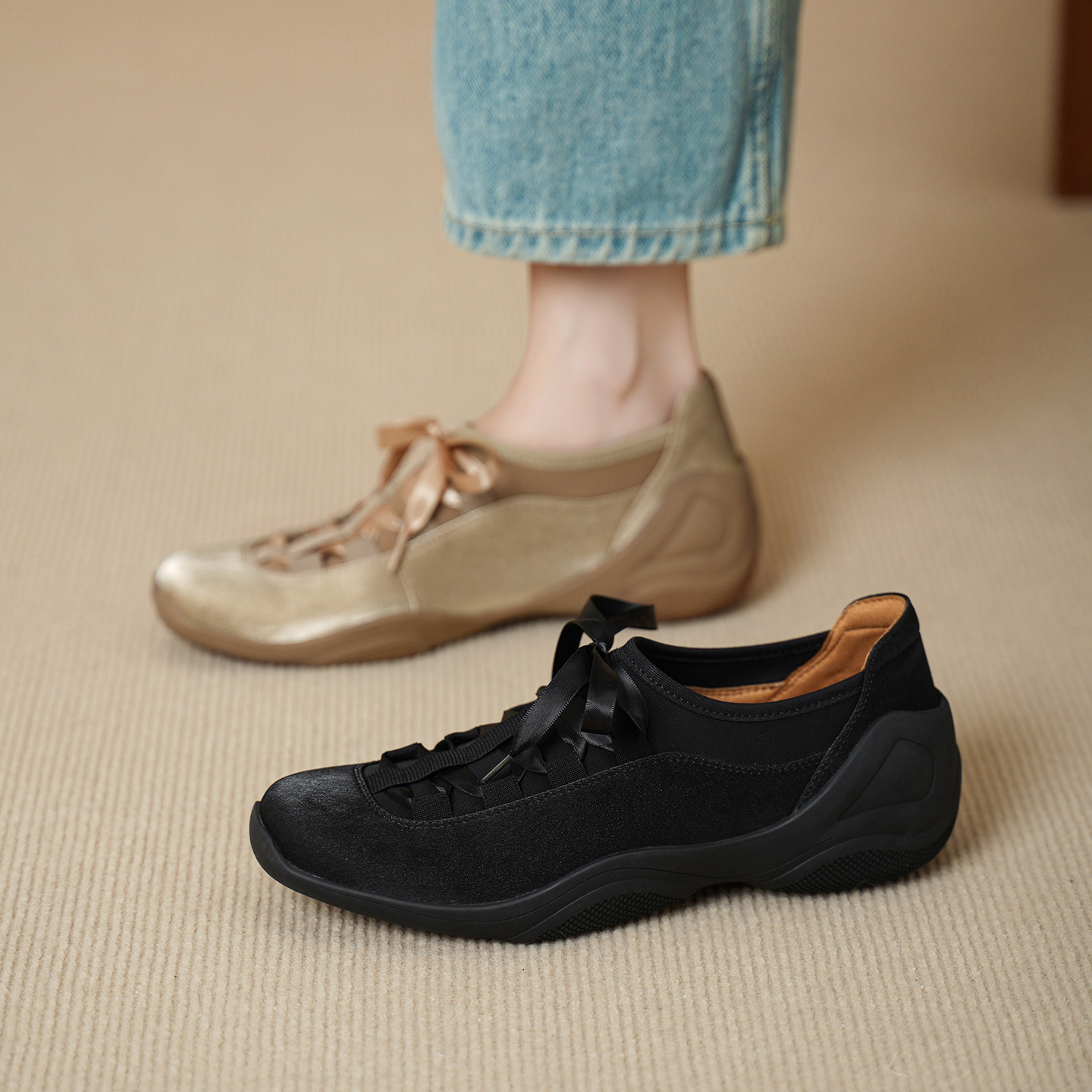 新中式丝绸羊皮蝴蝶结深口单鞋女低跟方头德训鞋系带运动底乐福鞋,女鞋,深口单鞋,淘宝优惠券,粉丝福利购,淘宝优惠卷
