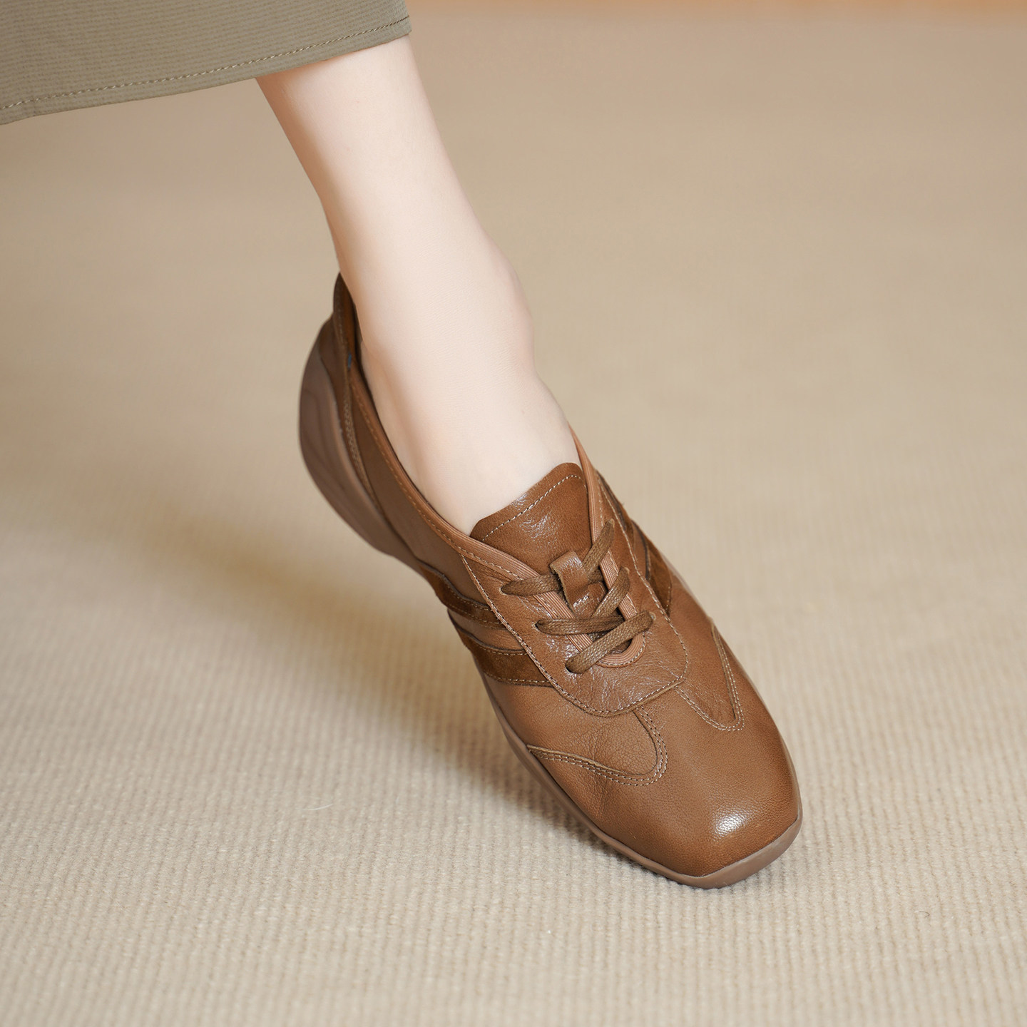 羊皮平底单鞋英伦风真皮德训鞋女棕色系带方头休闲鞋运动底乐福鞋,女鞋,德训鞋,淘宝优惠券,粉丝福利购,淘宝优惠卷