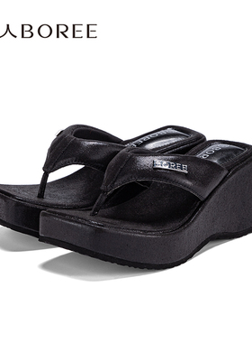 Boree/宝人2025新款高级感外穿拖鞋厚底增高8cm坡跟人字拖女凉拖