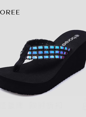 Boree/宝人拖鞋女外穿2025夏新款坡跟厚底凉拖时尚高跟夹脚人字拖