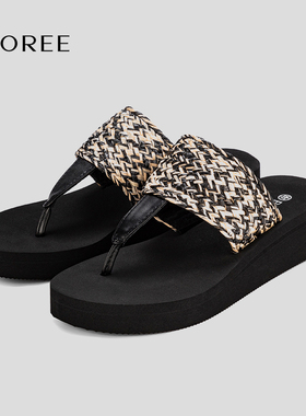 宝人夏季人字拖女外穿防滑舒适夹脚凉拖鞋厚底中跟编织时尚沙滩鞋