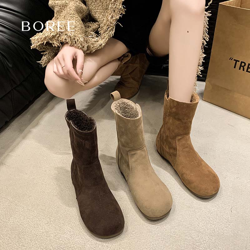 Boree/宝人女冬季2025新款美拉德靴子可翻折毛毛鞋两穿时装靴棉靴