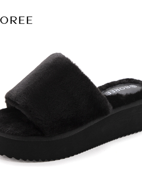 Boree/宝人厚底秋冬棉拖增高毛绒黑色高级感拖鞋室内家居防滑女士