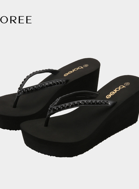 宝人Boree拖鞋女春夏季外穿坡跟厚底人字拖2025新款增高沙滩凉鞋