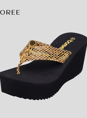 宝人人字拖女外穿2025新款夏季厚底夹脚高跟凉拖鞋网红坡跟女鞋潮