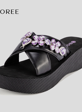 Boree/宝人厚底增高一字拖交叉带6CM拖鞋女款水钻外穿轻质沙滩夏