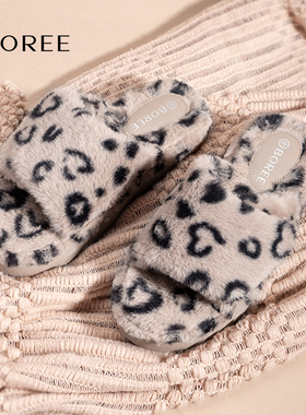 Boree/宝人秋冬款棉拖鞋女士魔术贴一字拖厚底增高豹纹潮流2025新