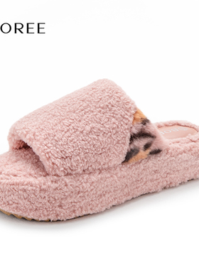 Boree/宝人毛毛拖鞋2025秋冬新款羊羔毛绒粉色棉拖鞋百搭家居厚底
