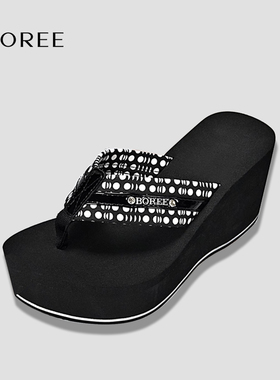Boree/宝人拖鞋女外穿石墨烯抗菌抑菌防滑坡跟厚底夹脚高跟人字拖