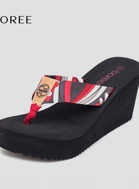 宝人拖鞋时尚防滑高跟沙丁布女凉拖鞋坡跟厚底人字拖海边沙滩鞋