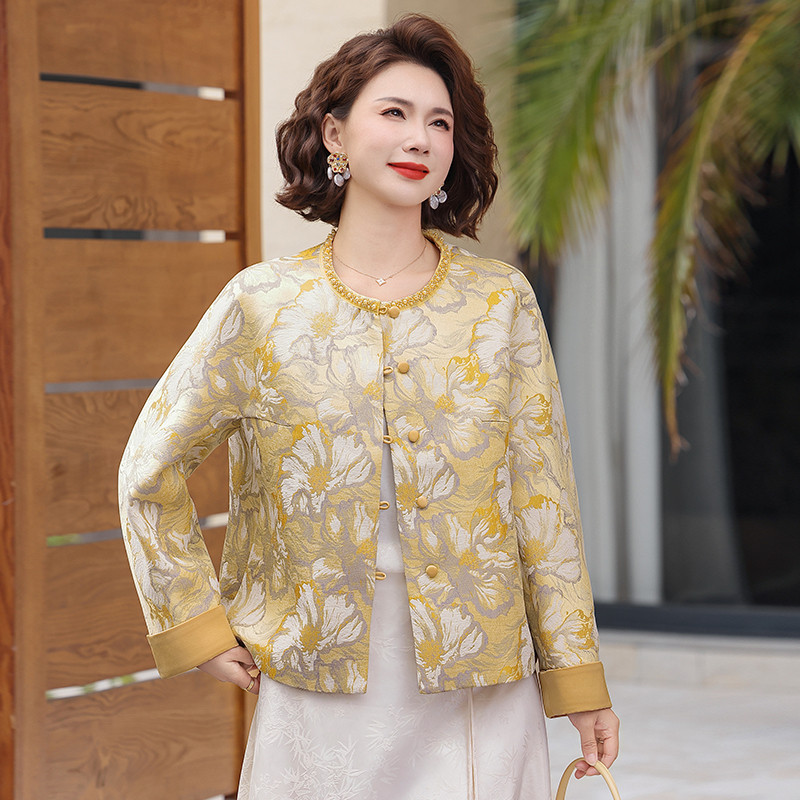 新中式妈妈春装洋气外套中老年女春秋提花夹克时尚唐装国风上衣服