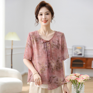打底衫 洋气高贵中年人圆领纱袖 中老年女春秋上衣 小衫 妈妈春夏装