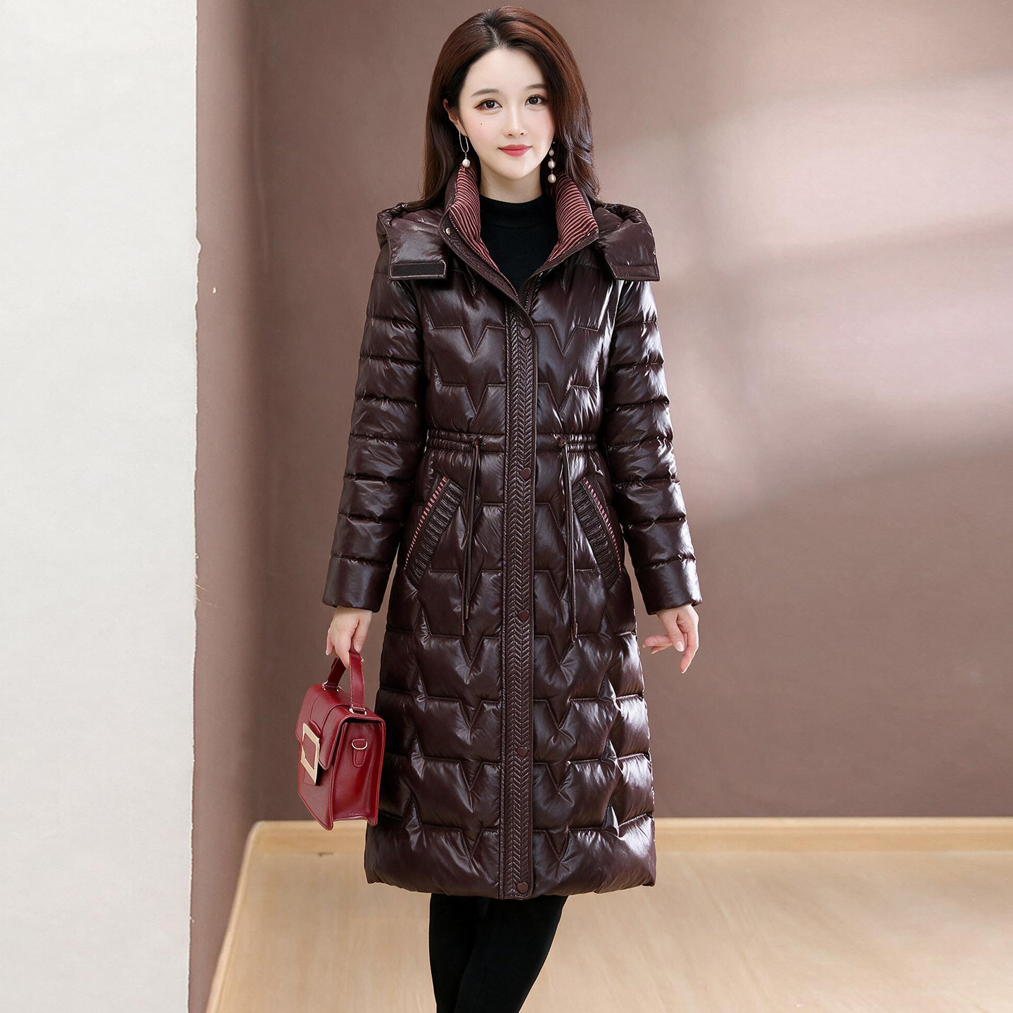 时尚亮面显瘦羽绒棉服女2026冬季新款加厚保暖中长款过膝棉衣外套