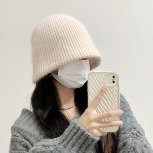 大头围bi入 兔毛针织渔夫帽女秋冬显脸小日系盆帽原顶水桶渔夫帽