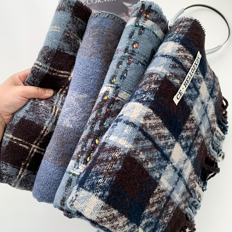 蓝色格子围巾女秋冬季韩版百搭保暖送男友礼物长款仿羊绒围脖男款