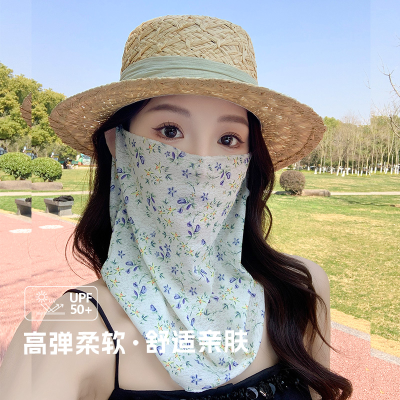 新款小碎花夏季防晒面罩全脸防紫外线女薄款遮脸面纱口罩护颈脖子